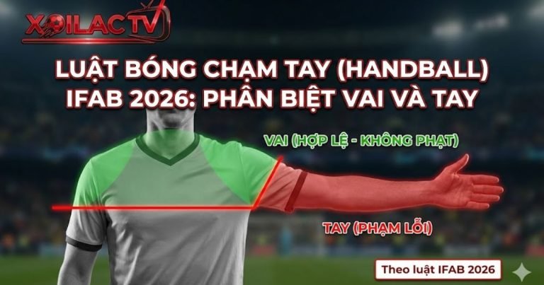Đồ họa mô phỏng luật bóng chạm tay IFAB 2026: Ranh giới phân biệt vùng vai hợp lệ và vùng tay phạm lỗi trên cơ thể cầu thủ.