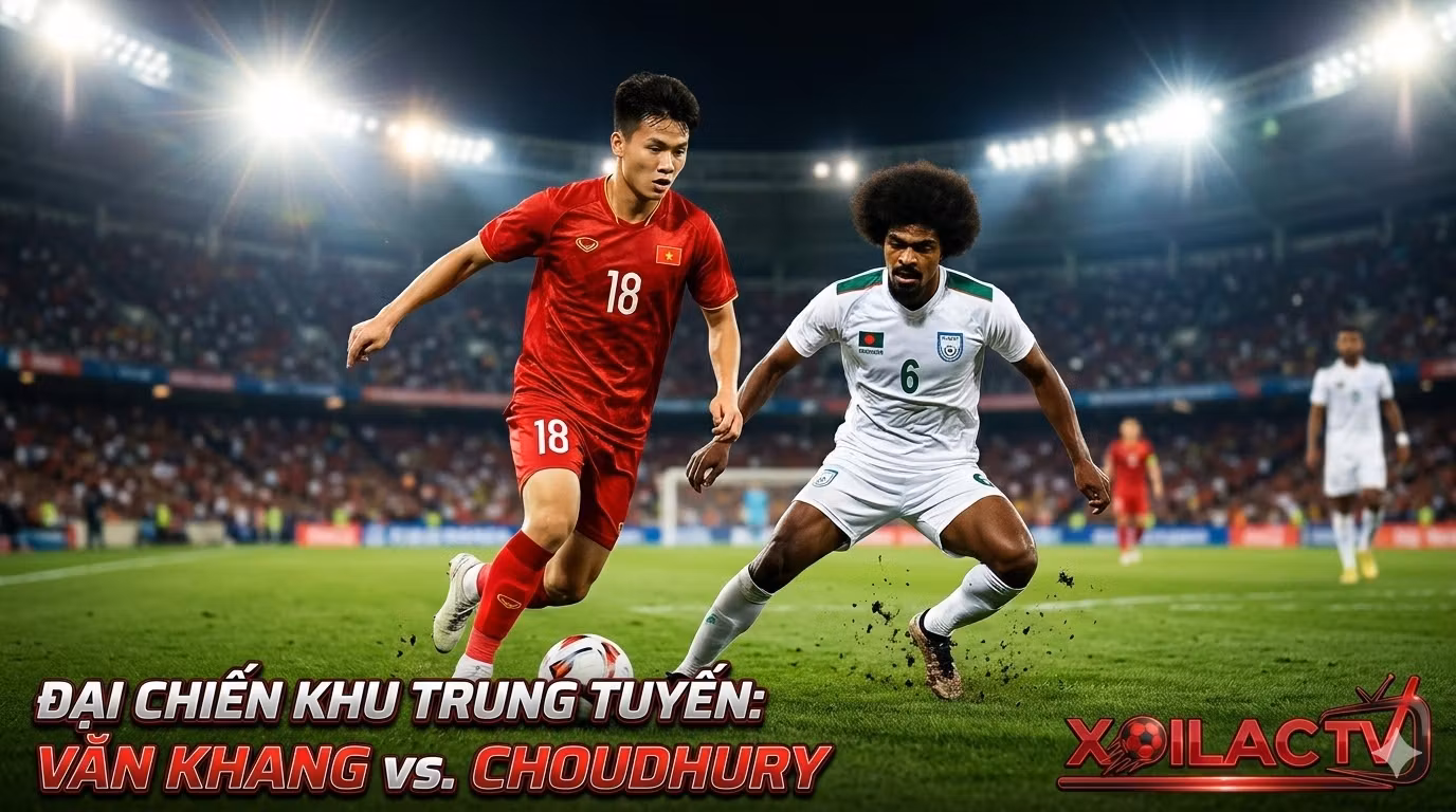 Hình ảnh nhận định Việt Nam vs Bangladesh: Điểm nóng tranh chấp giữa Khuất Văn Khang và Hamza Choudhury tại sân Hàng Đẫy - Xoilac TV.