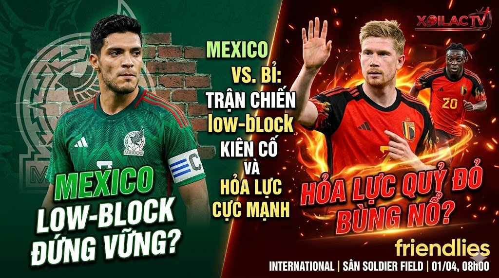 Nhận định Mexico vs Bỉ: Sự đối lập chiến thuật giữa bức tường phòng ngự low-block của Mexico và hỏa lực tấn công rực lửa của tuyển Bỉ trên Xoilac TV.