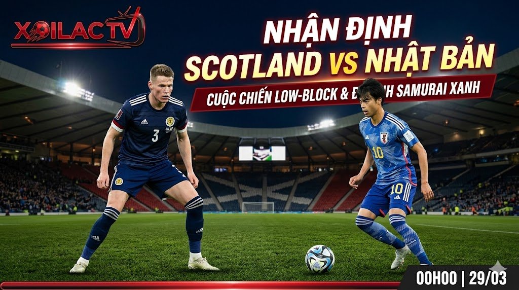 Hình ảnh tính năng trận Scotland đấu Nhật Bản: Scott McTominay (xanh navy) đối đầu Kaoru Mitoma (xanh lam) tại sân Hampden Park, kèm tiêu đề bài viết và logo Xoilac TV.