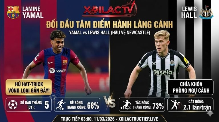 So sánh chỉ số đối đầu hành lang cánh giữa Lamine Yamal (Barcelona) và Lewis Hall (Newcastle United) trước giờ bóng lăn.