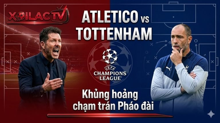 Ảnh đại diện preview trận Atletico Madrid vs Tottenham Hotspur trên Xoilac TV: Đối đầu HLV Diego Simeone và Igor Tudor, logo vòng 1/8 Champions League.