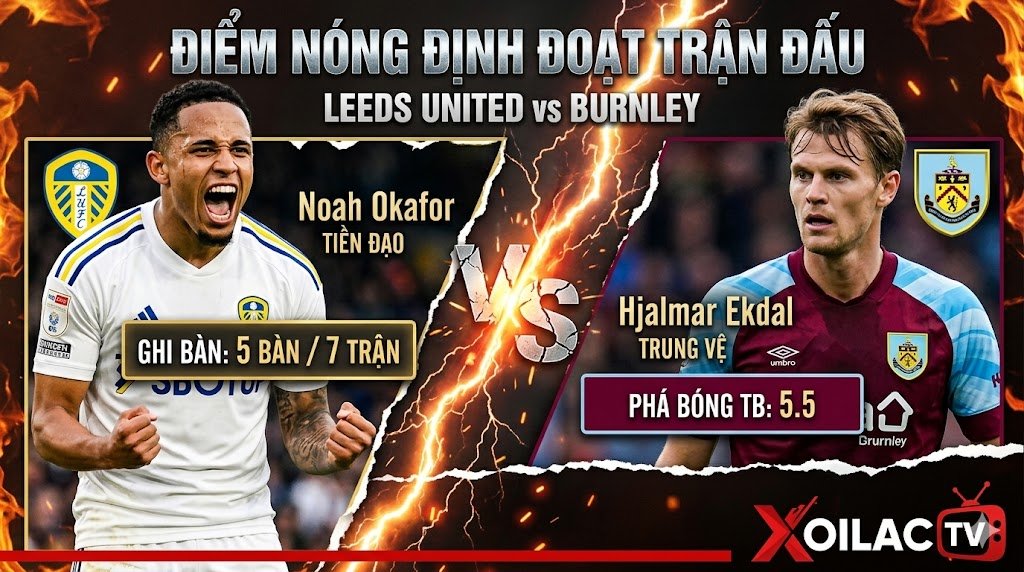 Điểm nóng đối đầu định đoạt trận Leeds vs Burnley tại Ngoại hạng Anh: Cuộc đụng độ giữa tiền đạo Noah Okafor và trung vệ Hjalmar Ekdal.
