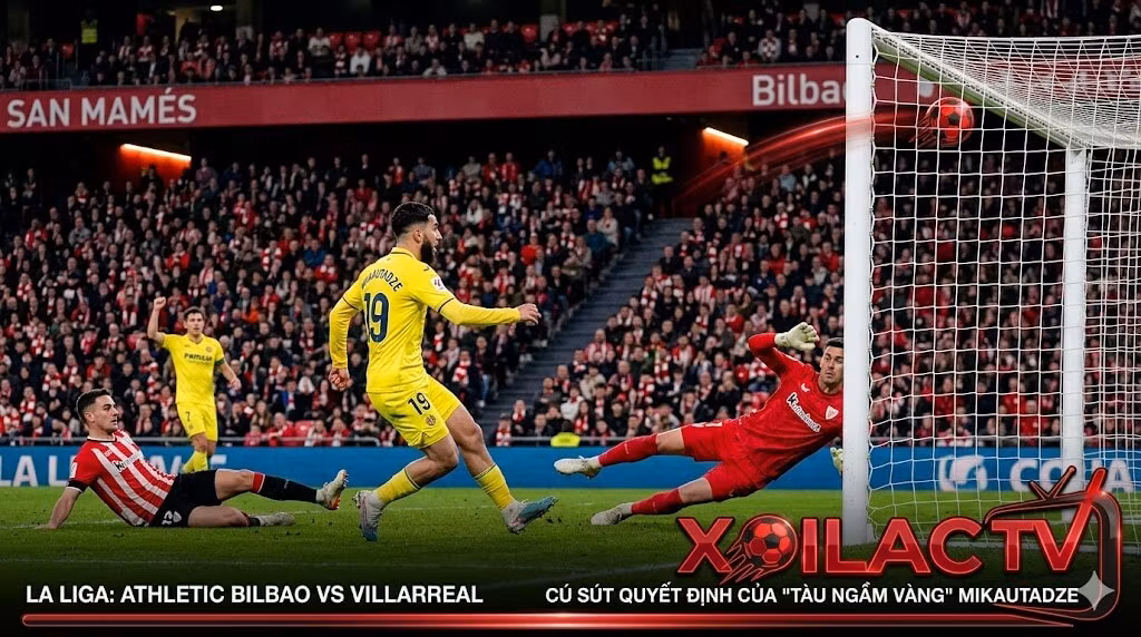 Tiền đạo Georges Mikautadze của Villarreal tung cú sút quyết liệt ghi bàn thắng quyết định từ góc hẹp.