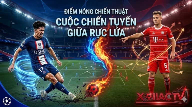 Hình ảnh đồ họa phân tích chiến thuật tuyến giữa rực lửa trong trận PSG vs Bayern Munich, làm nổi bật vai trò trung tâm của Joshua Kimmich tại bán kết Cúp C1.
