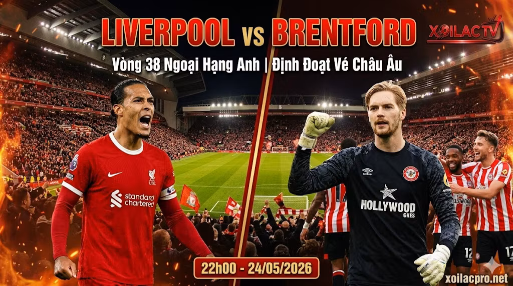Nhận định Liverpool vs Brentford vòng 38 Ngoại hạng Anh: Trận chiến định đoạt vé dự cúp châu Âu trên Xoilac TV.