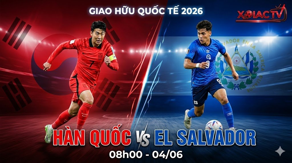 Poster giới thiệu trận giao hữu bóng đá quốc tế giữa Hàn Quốc và El Salvador năm 2026, với hình ảnh Son Heung-min bứt tốc và Nathan Ordaz đi bóng.