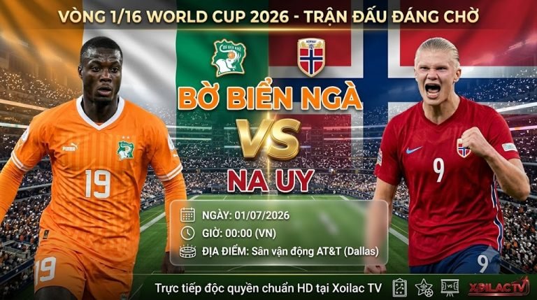 Ảnh bìa nhận định Bờ Biển Ngà vs Na Uy vòng 1/16 World Cup 2026 với sự góp mặt của Nicolas Pépé và Erling Haaland, xem trực tiếp bóng đá tại Xoilac TV.