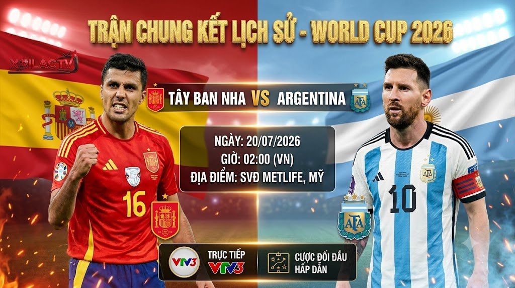 Nhận định soi kèo trận chung kết lịch sử World Cup 2026 giữa Tây Ban Nha vs Argentina lúc 02h00 ngày 20/07 trực tiếp trên Xoilac TV.